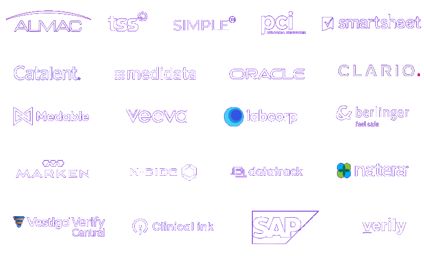 Logos of integrated partners: Almac, TSS, Simple, PCI Pharma Services, Smartsheet, Catalent, Medidata, Oracle, Clario, Medable, Veeva, Labcorp, Berlinger, Marken, N-SIDE, Datatrack, Natera, Vestigo Verify Central, Clinical ink, SAP and Verily.